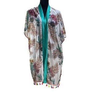 Jasambac Women's Tropical Floral Kimono Cardigan Tassel Trim Cover Up XL
